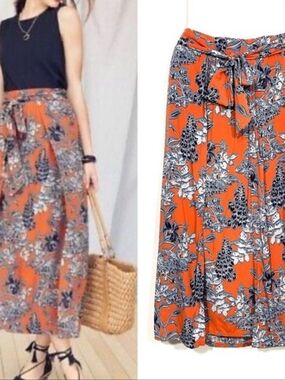 Flowing Orange Floral Maxi Skirt with Tie Waist